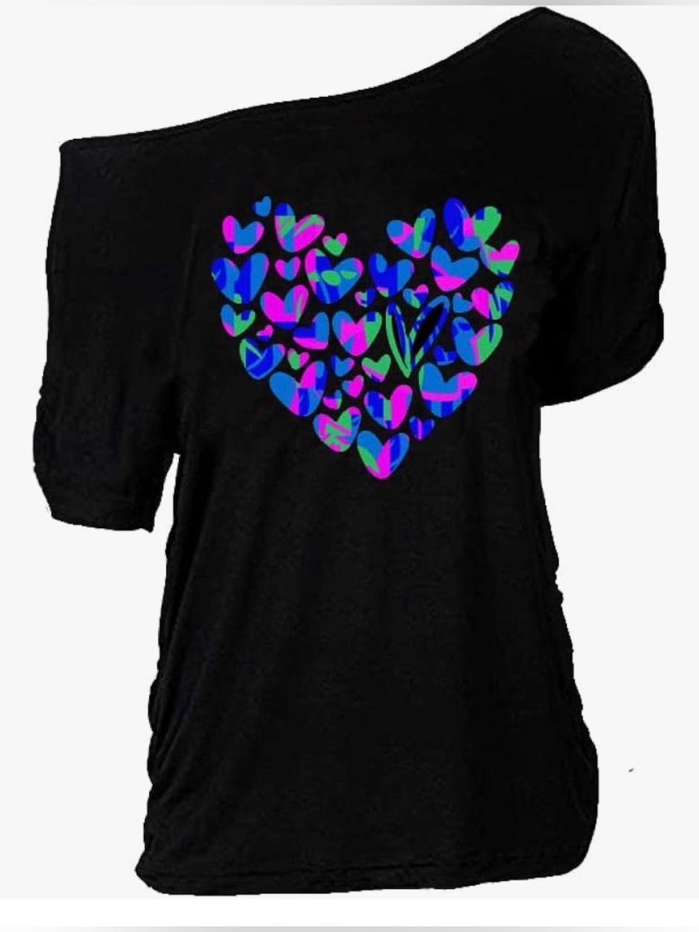 NWOT Black Off-Shoulder Tee with Multicolor Heart Cluster